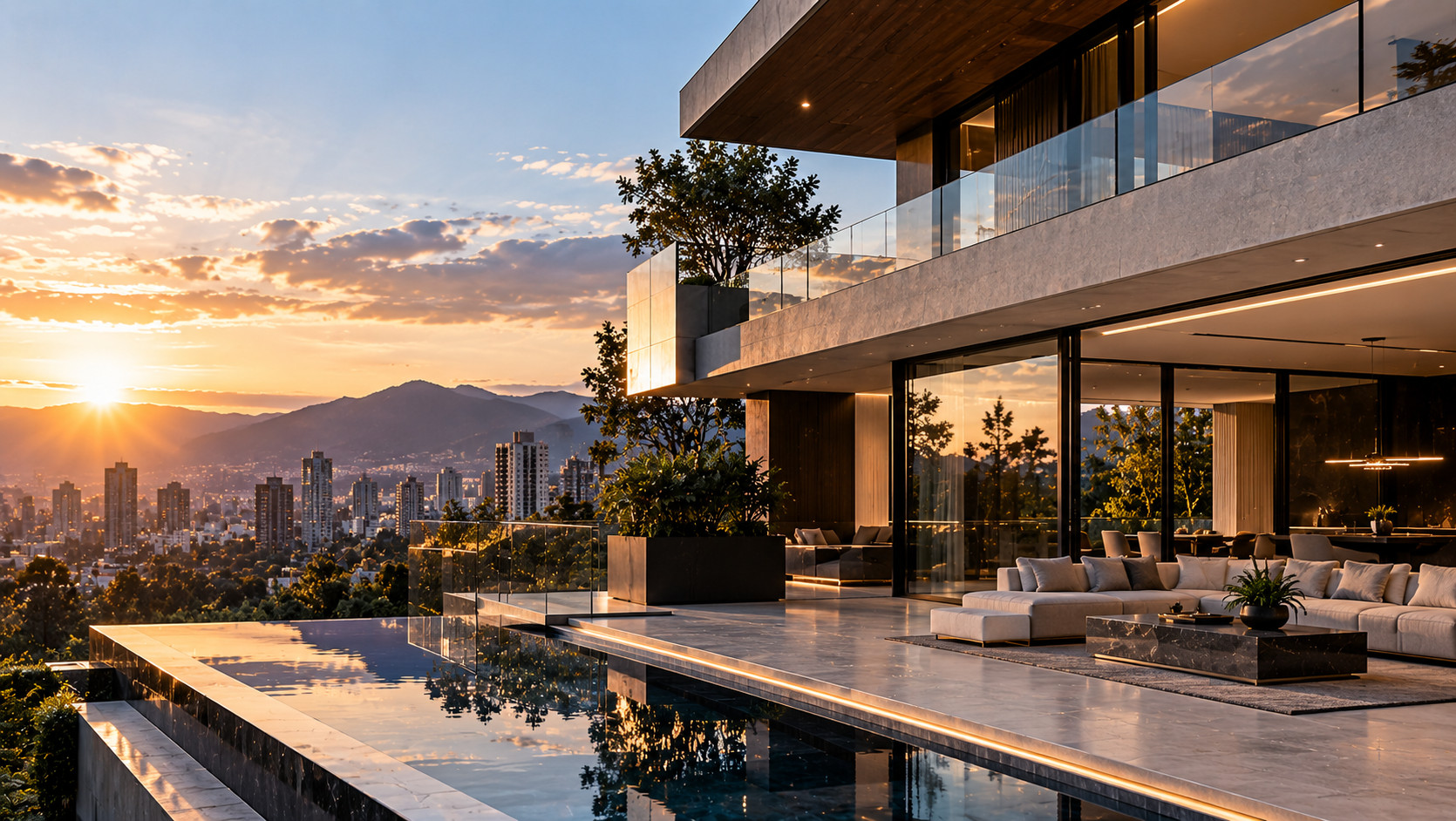 Vivienda contemporánea con terraza, fachada de vidrio y piscina frente a la ciudad