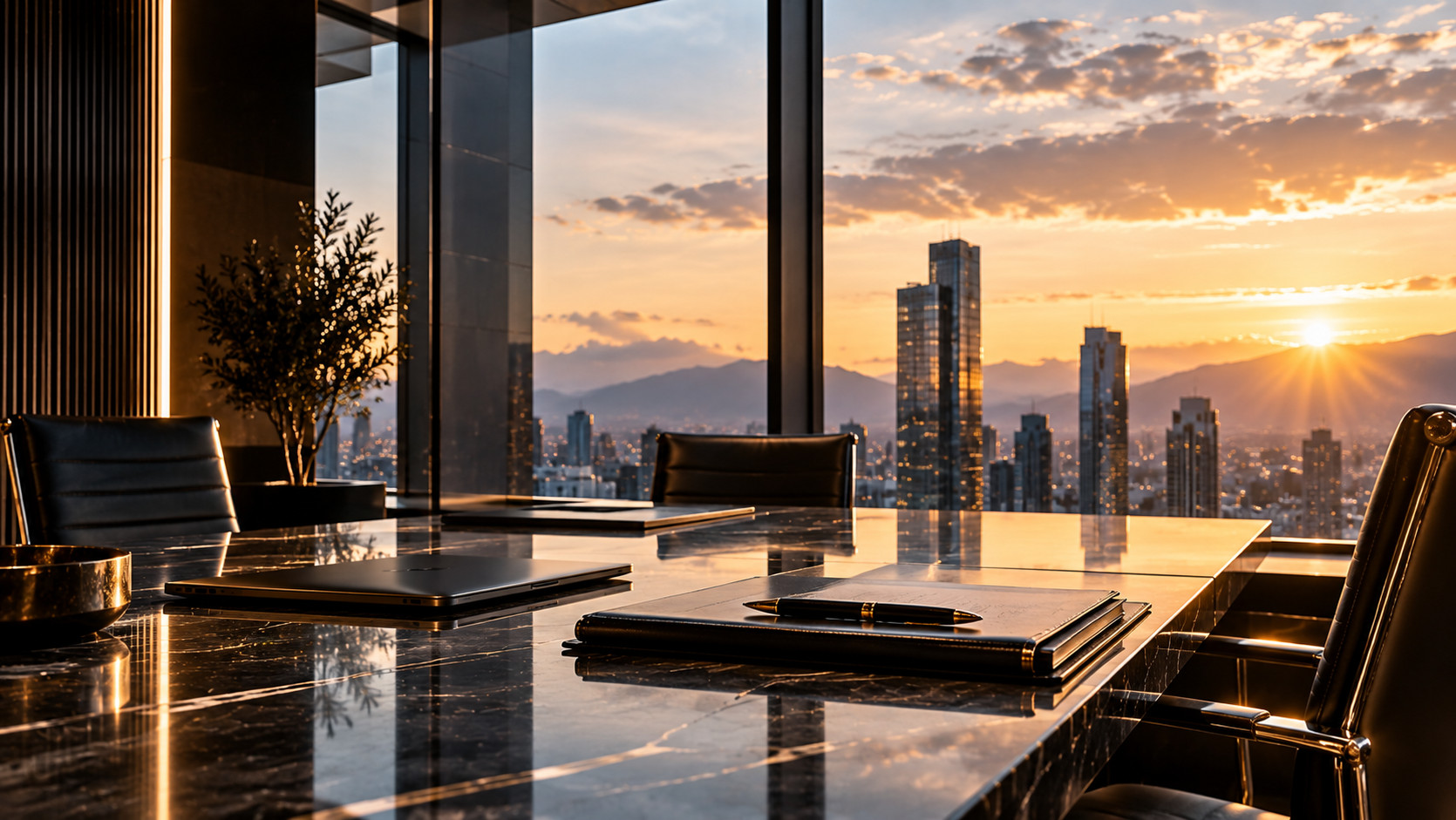 Sala ejecutiva con mesa de mármol negro, portafolio y vista a la ciudad al atardecer